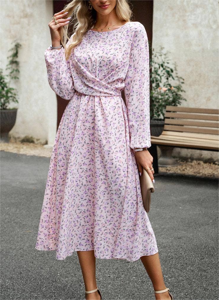 Pleated Long-Sleeved Crewneck Floral Maxi Dress