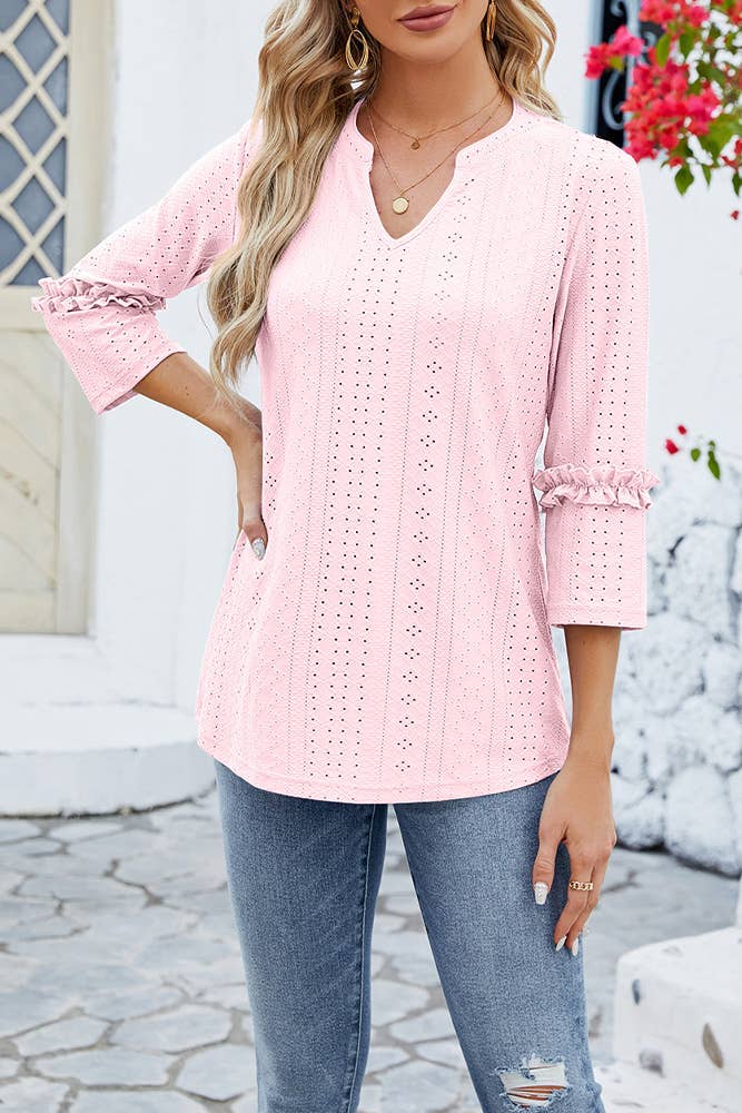 Plain Eyelet Pattern V Neck Ruffles Sleeves Top