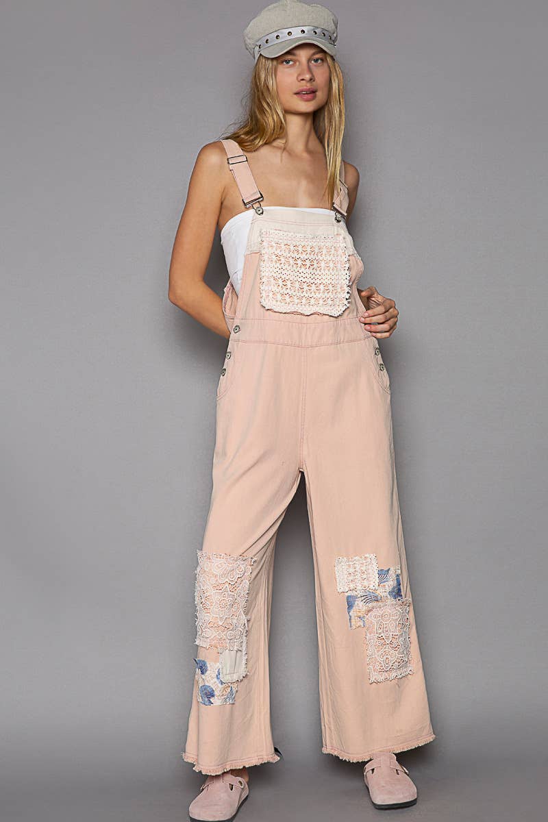 Crochet patchwork detail casual denim overalls