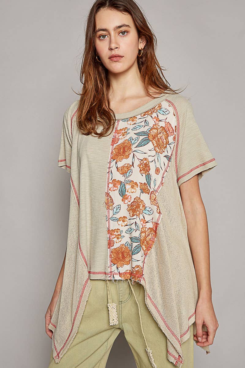 Oversize scoop neck short sleeve floral print solid knit top