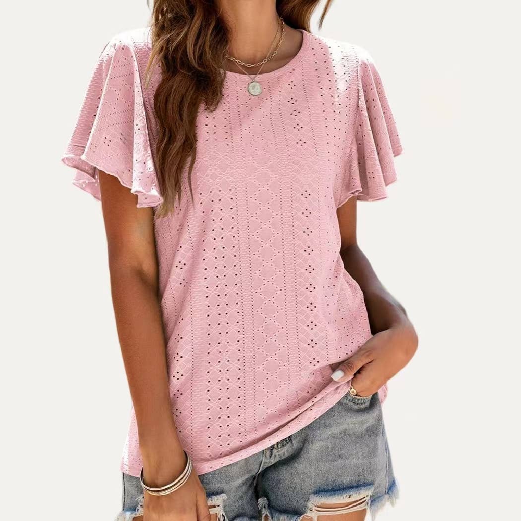 Pierced Eyelet Flutter Short Sleeve Top