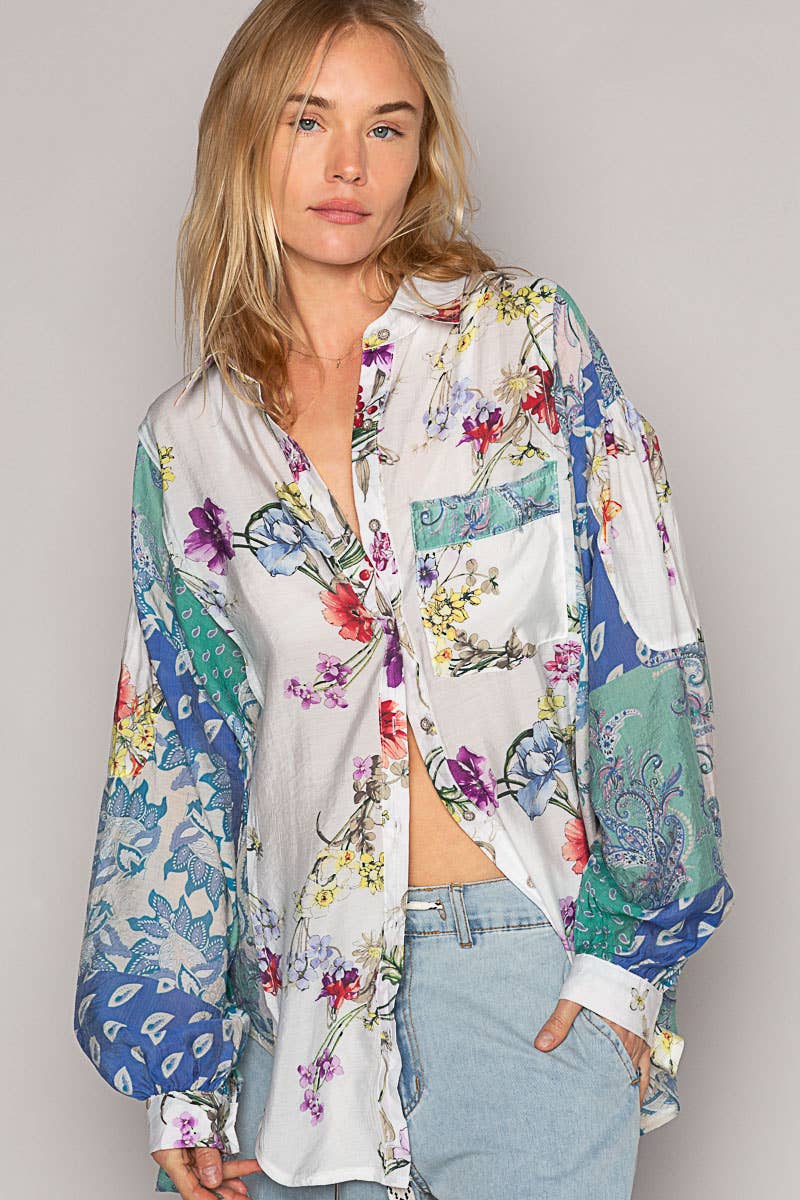 Oversize long sleeve print woven button down shirt