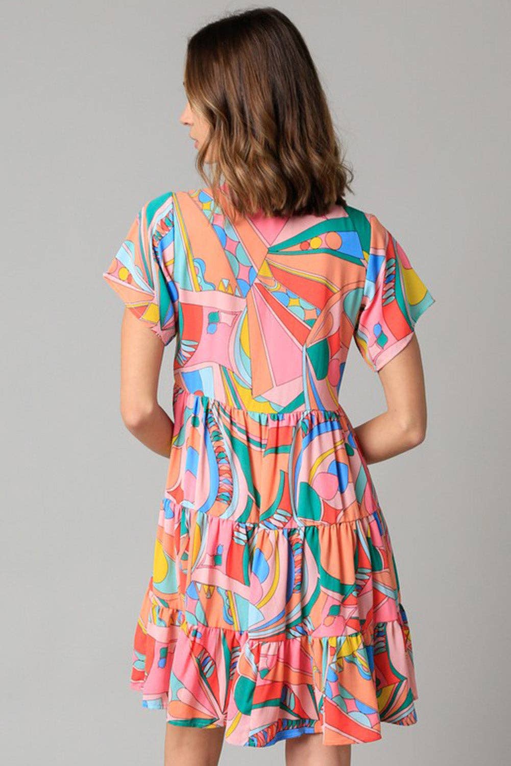 Multicolor Abstract Geometric Print Tassel Tie Flared Dress