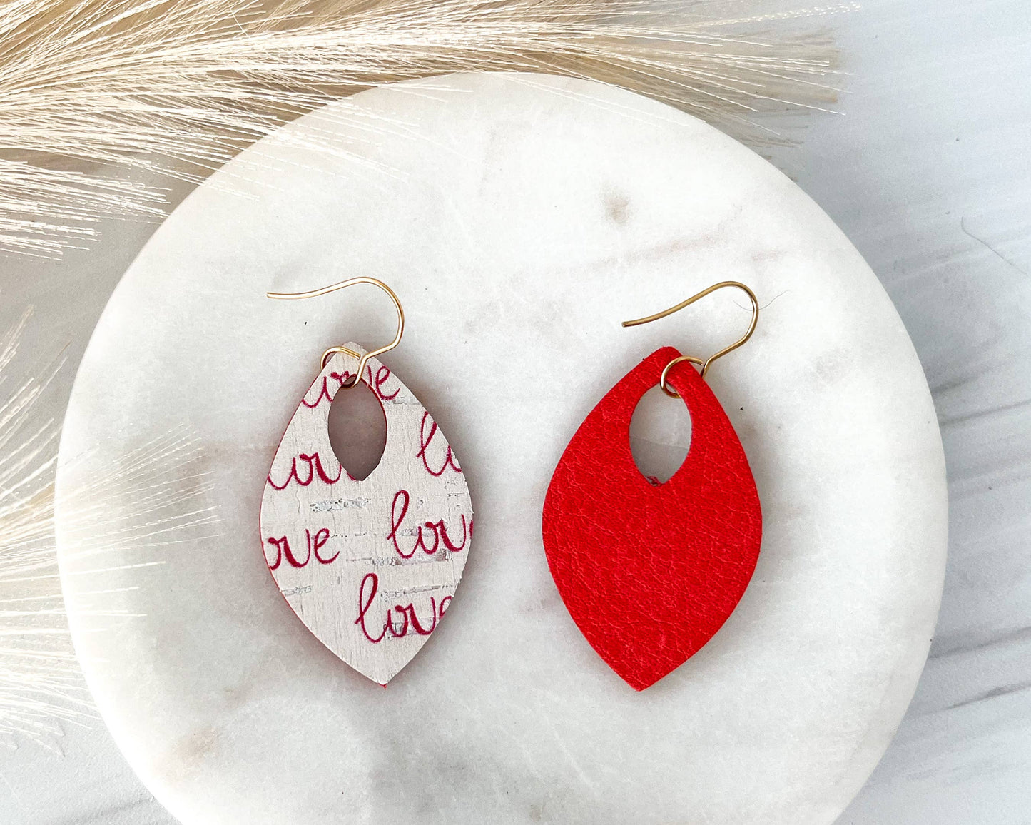 Red love Patterned Leather Teardrop Earrings