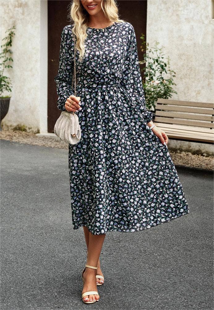 Pleated Long-Sleeved Crewneck Floral Maxi Dress