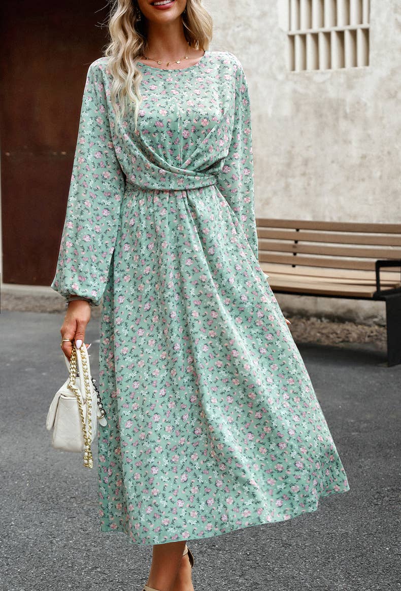 Pleated Long-Sleeved Crewneck Floral Maxi Dress