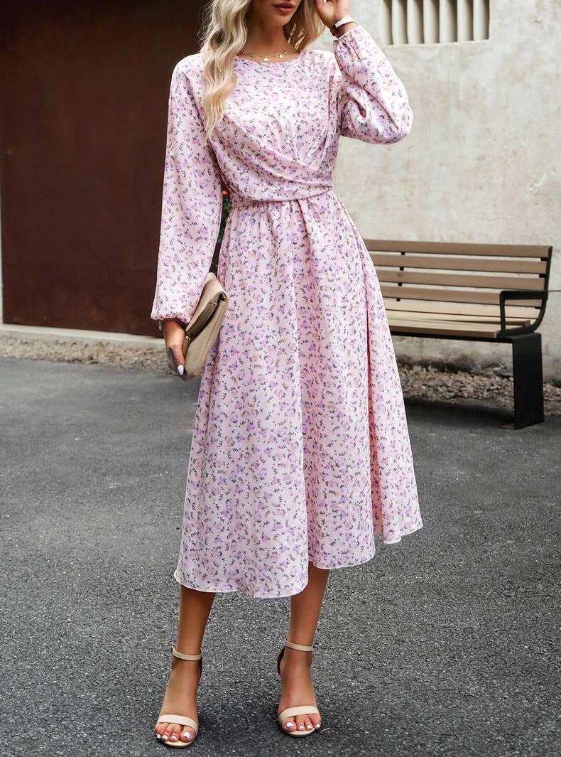 Pleated Long-Sleeved Crewneck Floral Maxi Dress