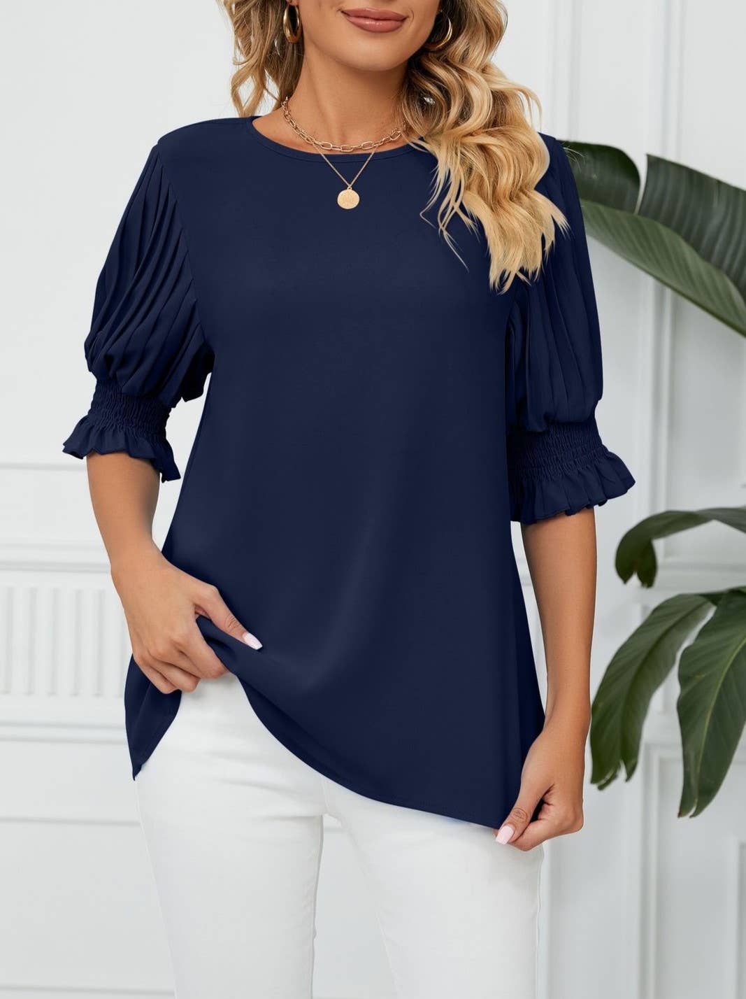 Crewneck Ruffled Sleeves Loose Chiffon T-Shirt Top