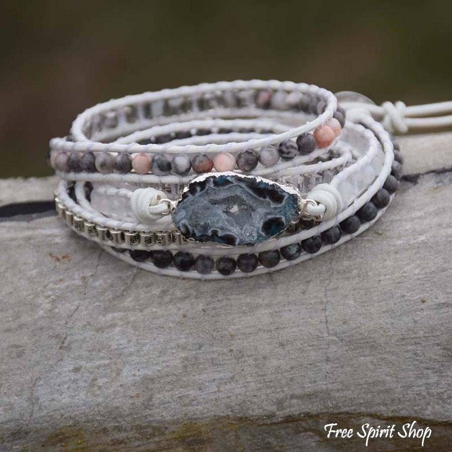 Natural Labradorite, White Jade & Druzy Stone Leather Wrap