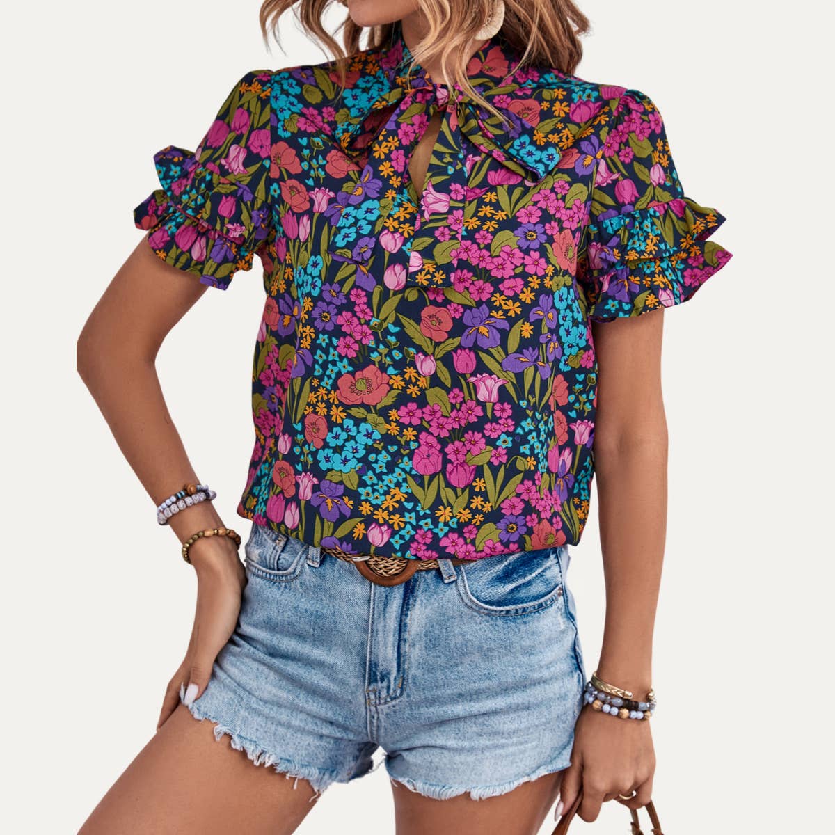 Lively Multicolor Floral Print Tying-Neck Short Sleeve Top