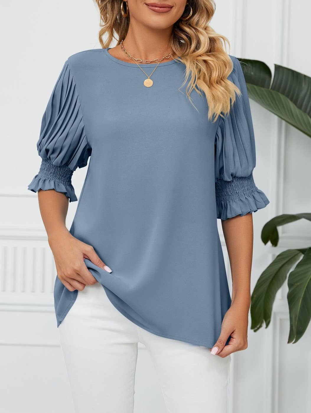 Crewneck Ruffled Sleeves Loose Chiffon T-Shirt Top