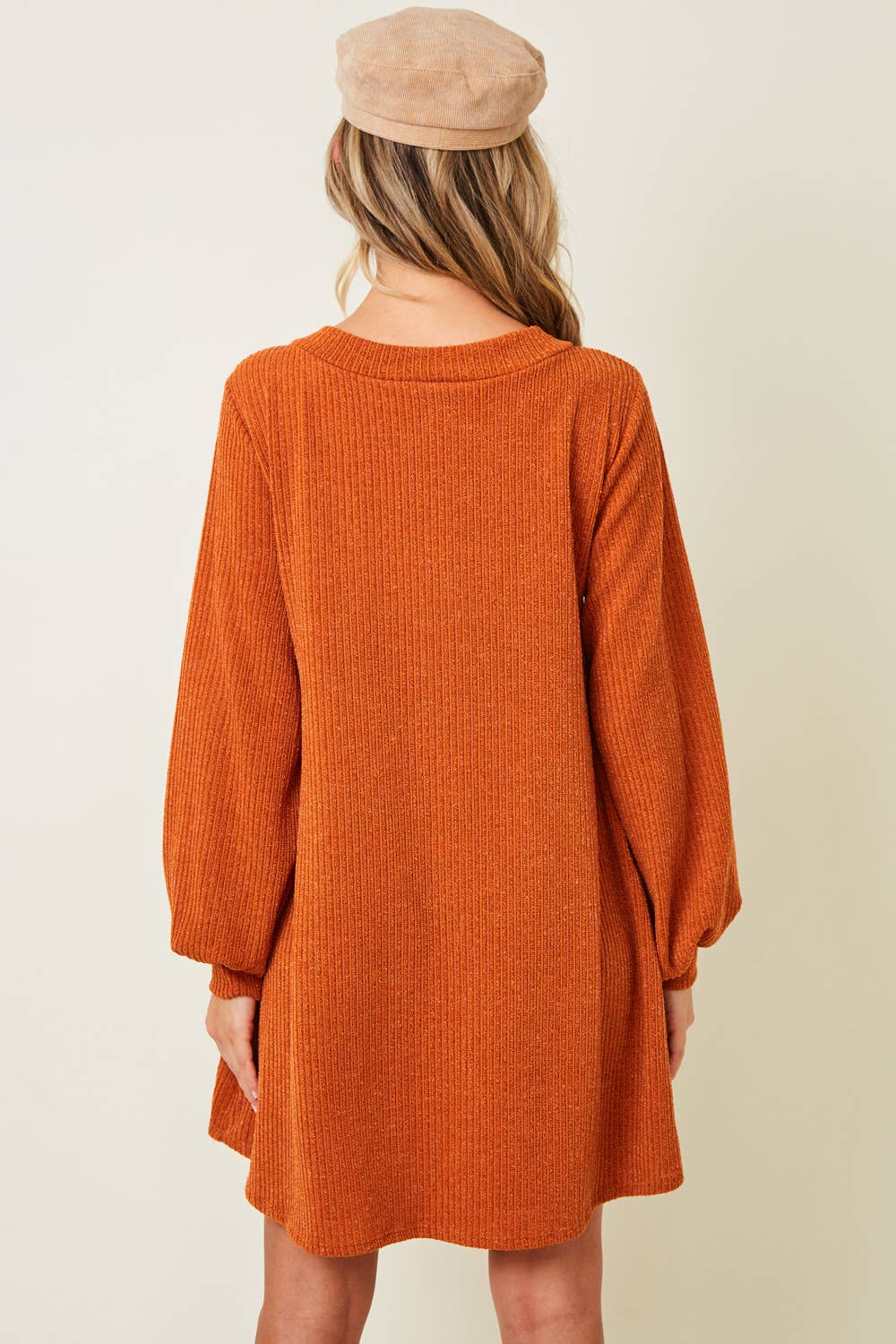 SD2109A RUST V-NECK RIB SWEATER DRESS - FALL TREND - SALE