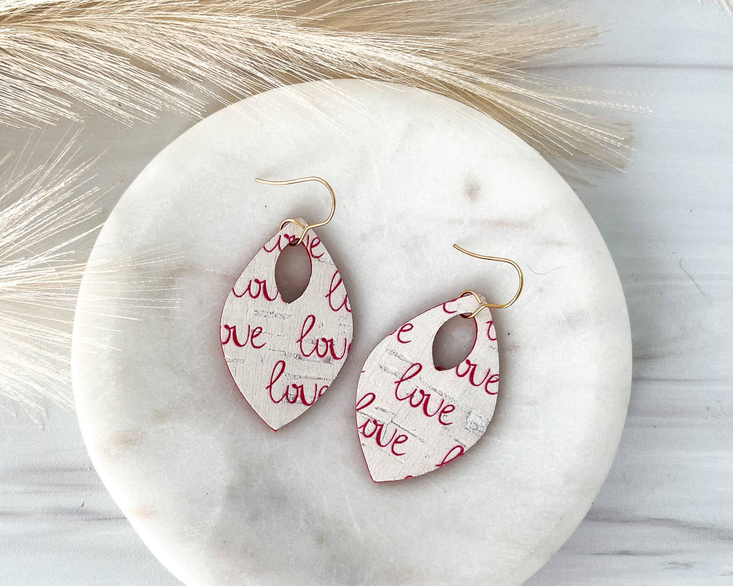 Red love Patterned Leather Teardrop Earrings