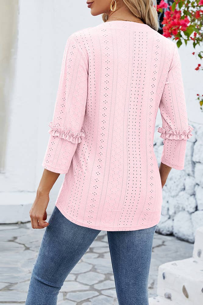 Plain Eyelet Pattern V Neck Ruffles Sleeves Top