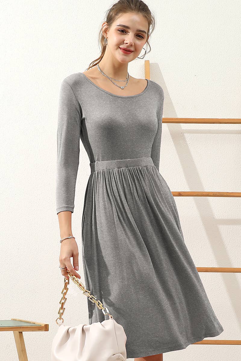 Scoop neck A Line Waist Banded Swing Midi Dress