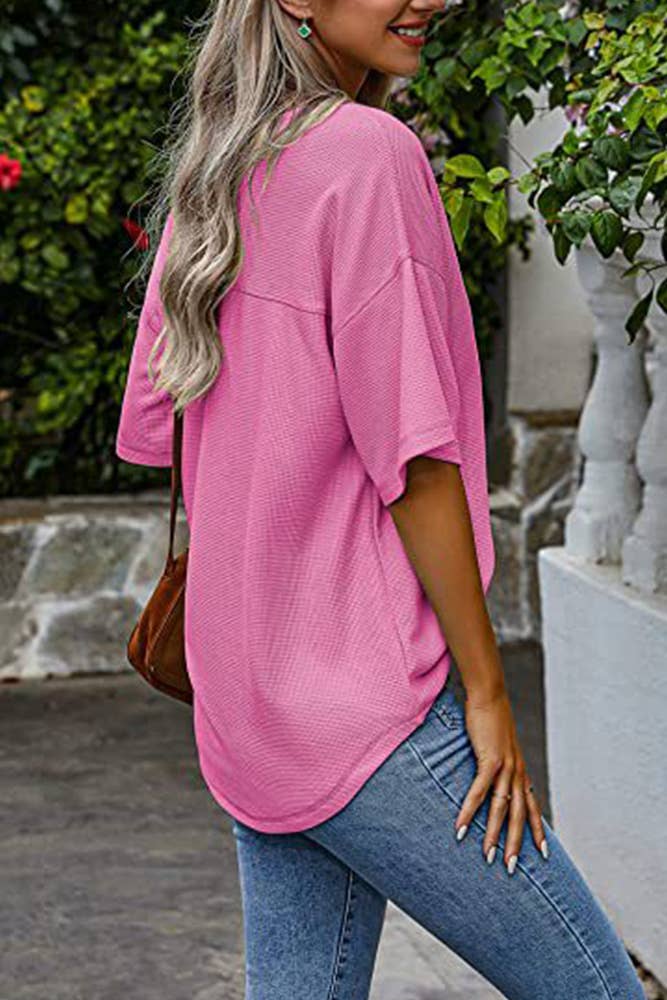 Plain Waffle Knit V Neck Pocket Oversize Top