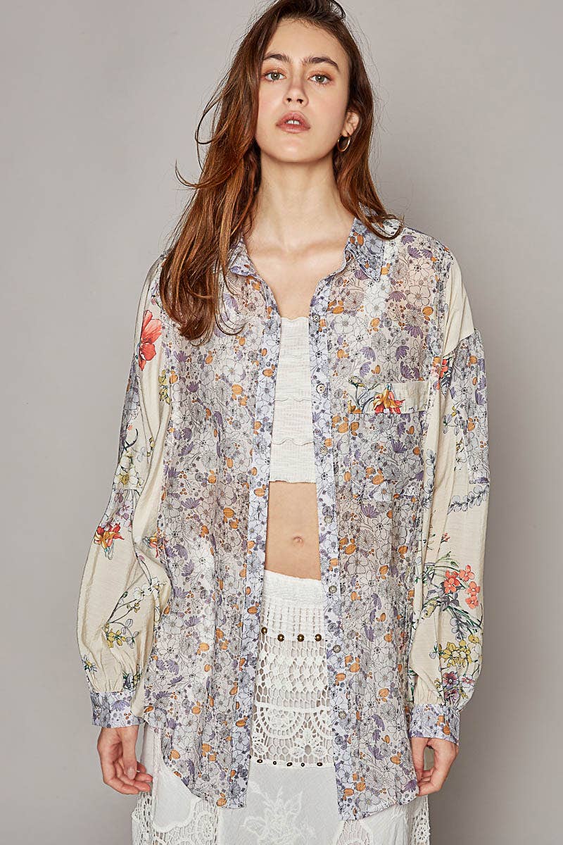 Oversize long sleeve print woven button down shirt