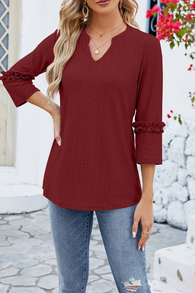 Plain Eyelet Pattern V Neck Ruffles Sleeves Top