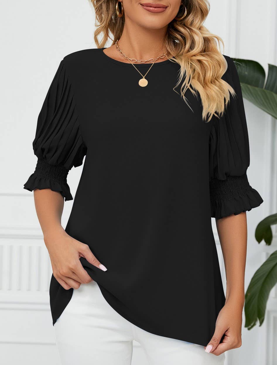 Crewneck Ruffled Sleeves Loose Chiffon T-Shirt Top