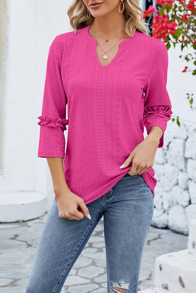 Plain Eyelet Pattern V Neck Ruffles Sleeves Top