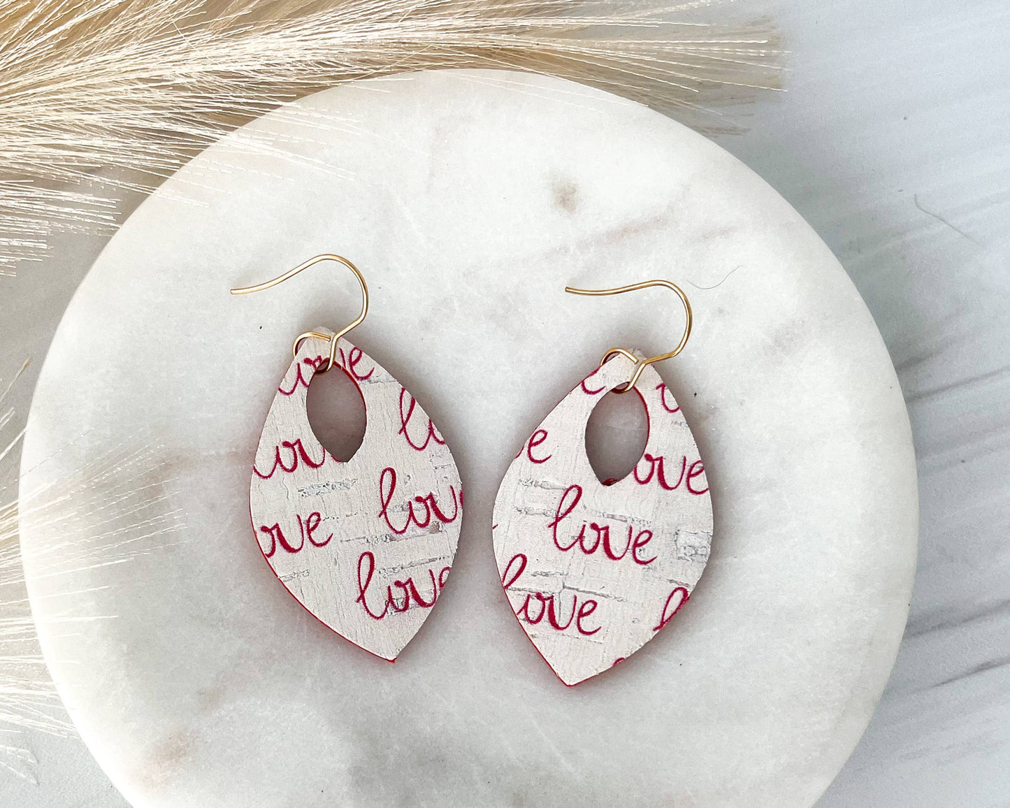 Red love Patterned Leather Teardrop Earrings