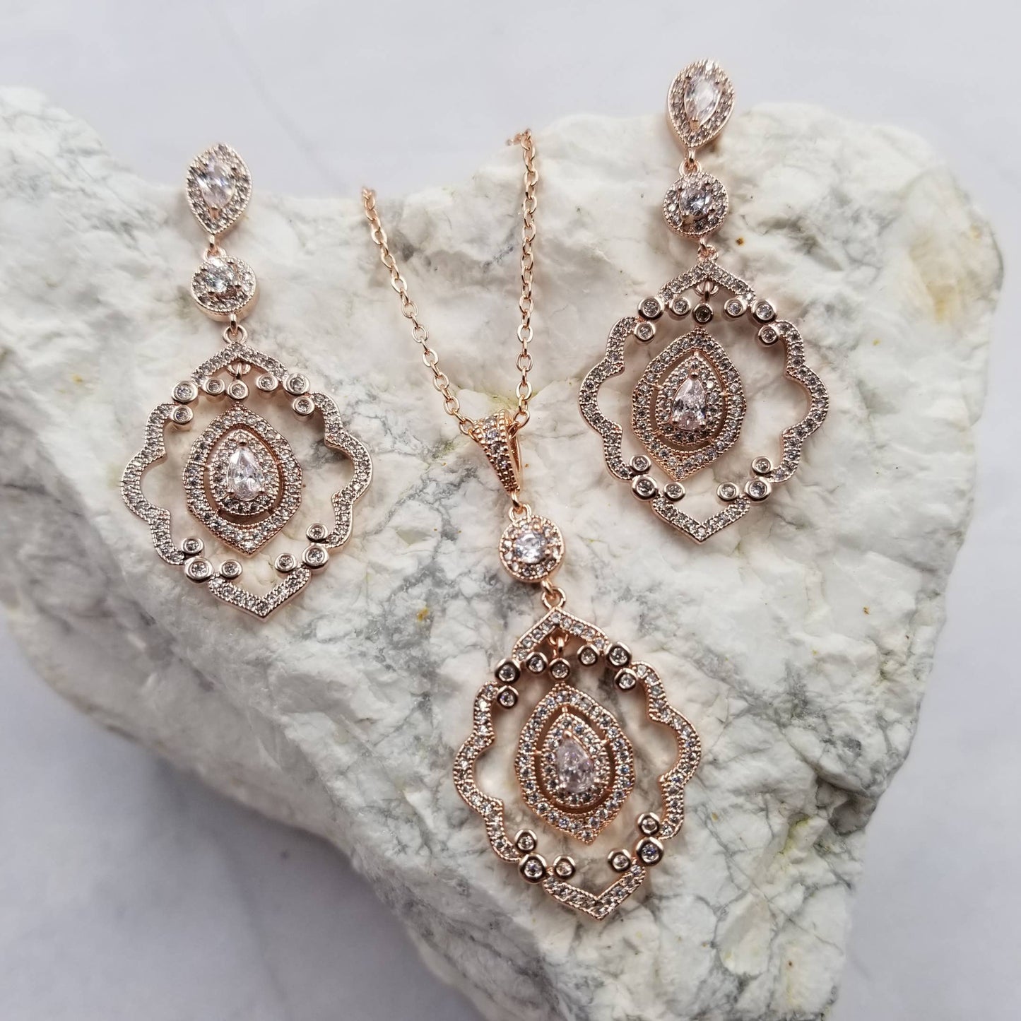 Crystal Vintage Rose Gold Necklace and Earrings Sets