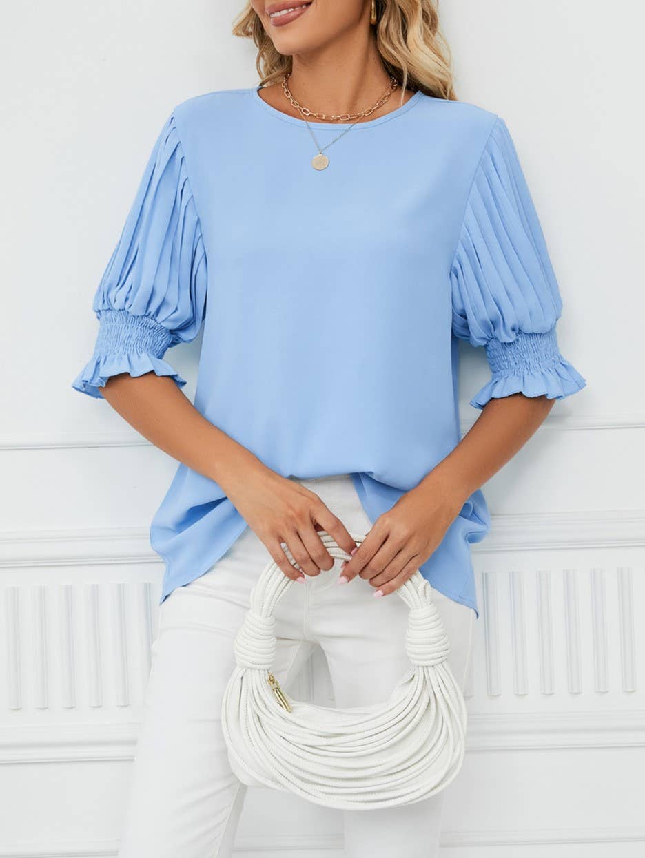 Crewneck Ruffled Sleeves Loose Chiffon T-Shirt Top