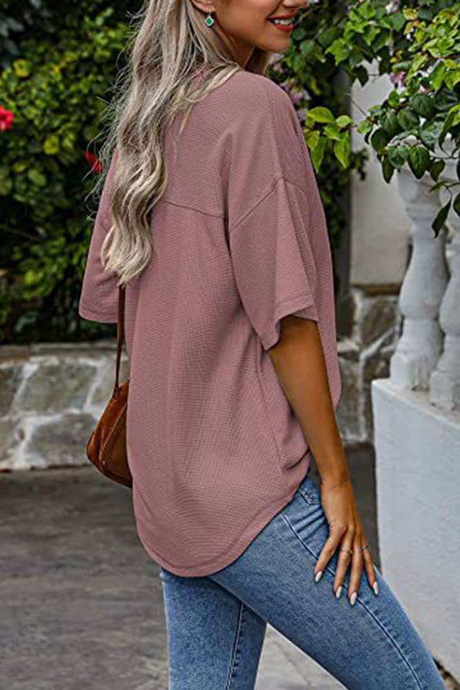 Plain Waffle Knit V Neck Pocket Oversize Top