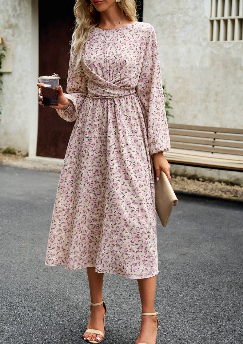 Pleated Long-Sleeved Crewneck Floral Maxi Dress