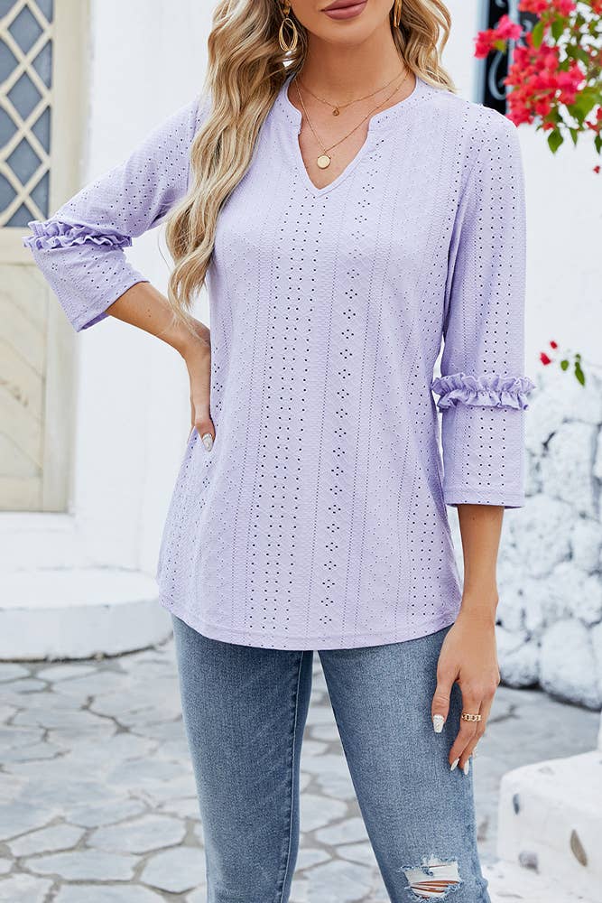 Plain Eyelet Pattern V Neck Ruffles Sleeves Top