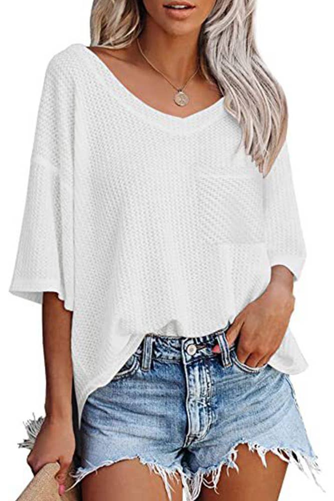 Plain Waffle Knit V Neck Pocket Oversize Top