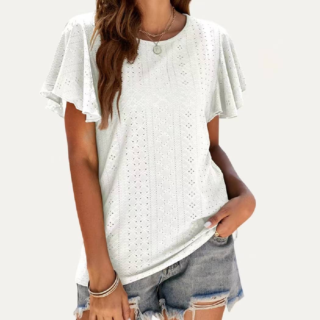 Pierced Eyelet Flutter Short Sleeve Top