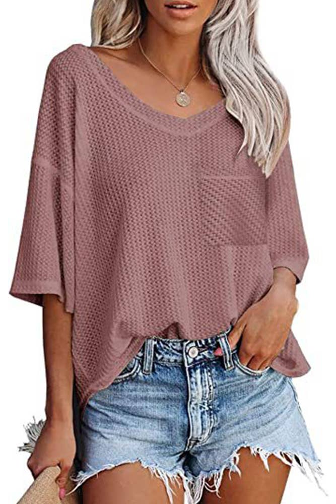 Plain Waffle Knit V Neck Pocket Oversize Top