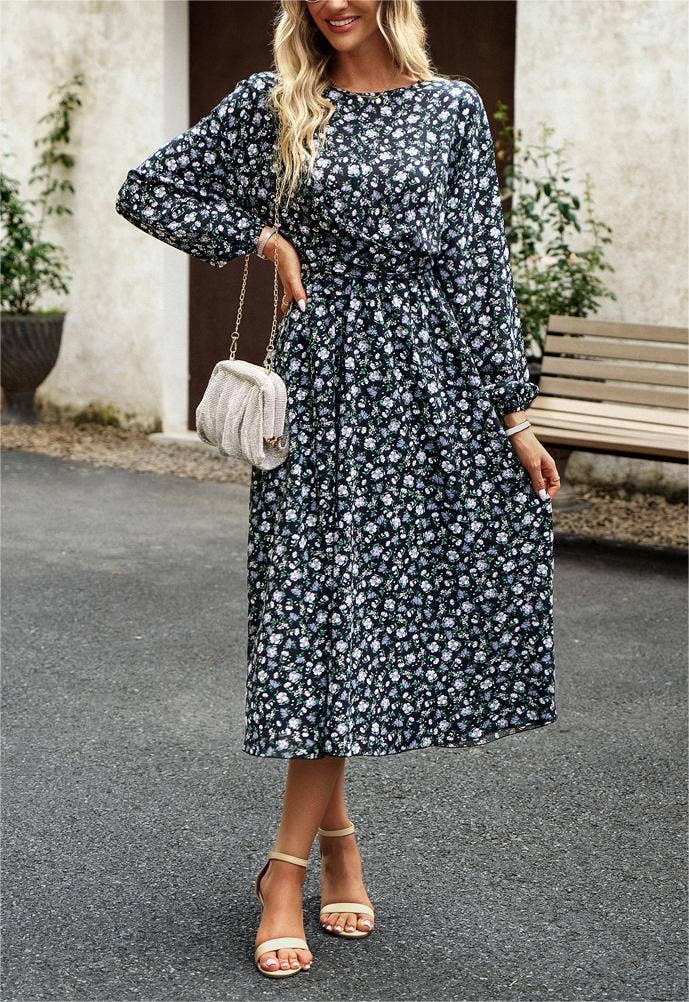 Pleated Long-Sleeved Crewneck Floral Maxi Dress