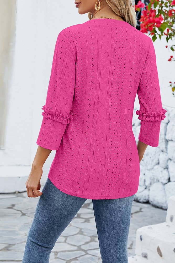 Plain Eyelet Pattern V Neck Ruffles Sleeves Top