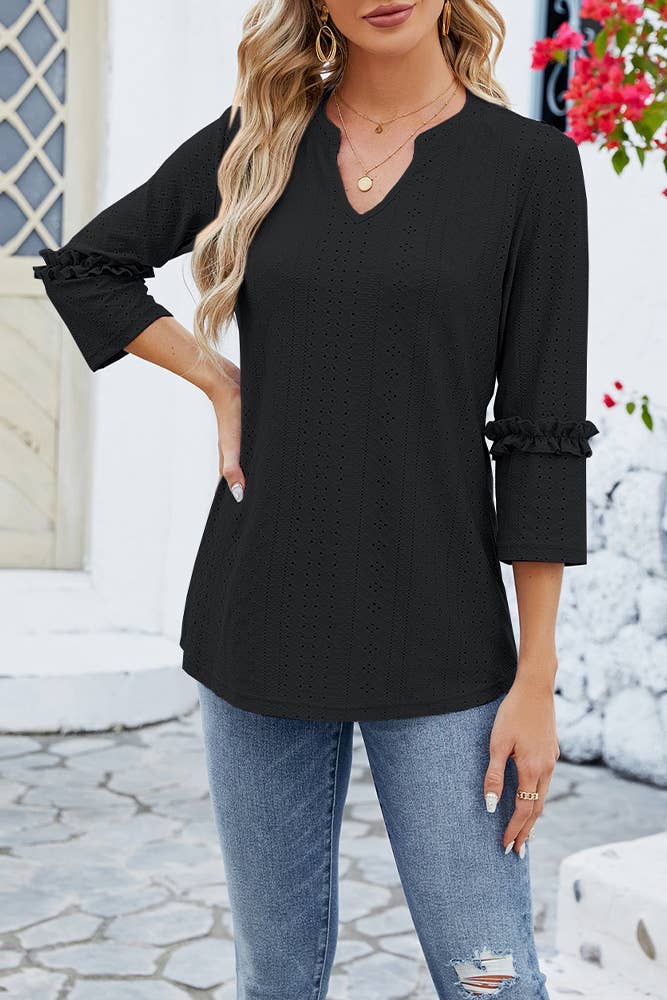 Plain Eyelet Pattern V Neck Ruffles Sleeves Top