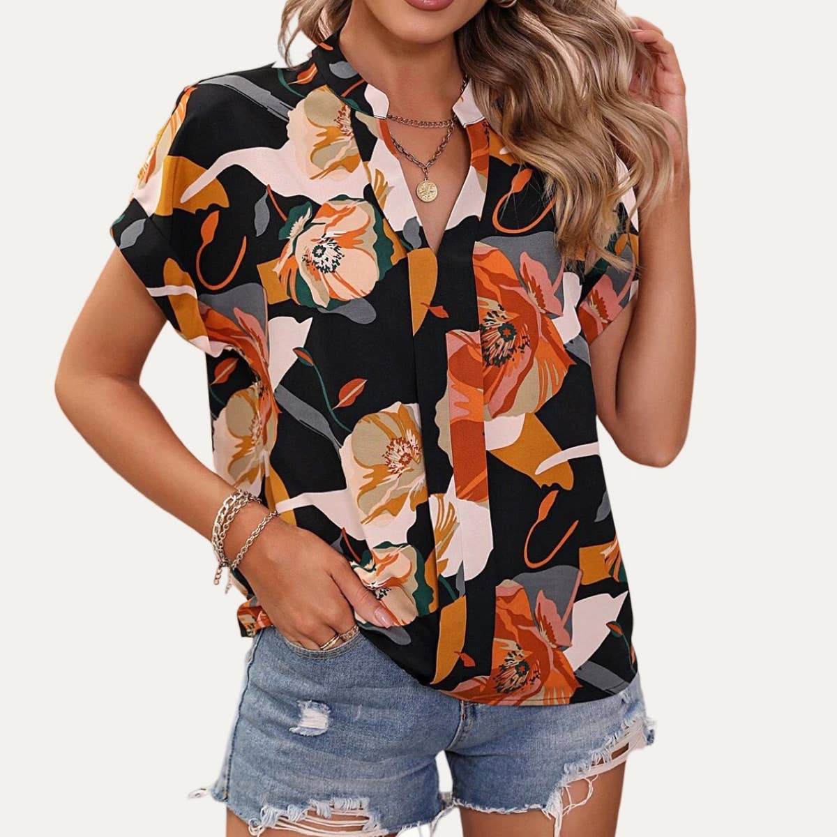 Always Trendy Multi-Color Printed V-Neck Short Sleeve Top