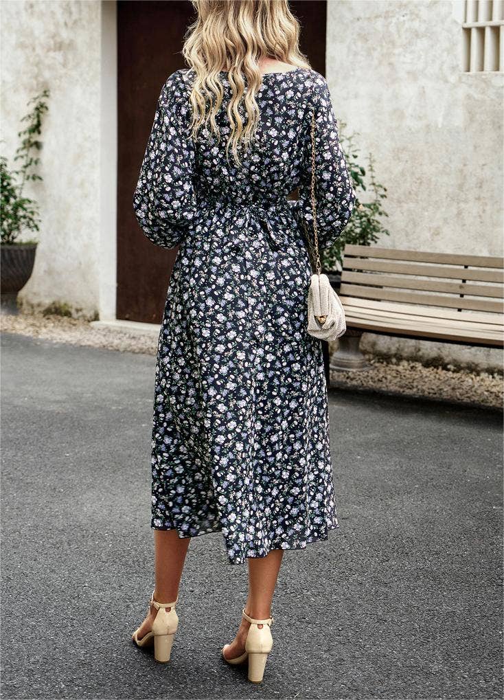 Pleated Long-Sleeved Crewneck Floral Maxi Dress