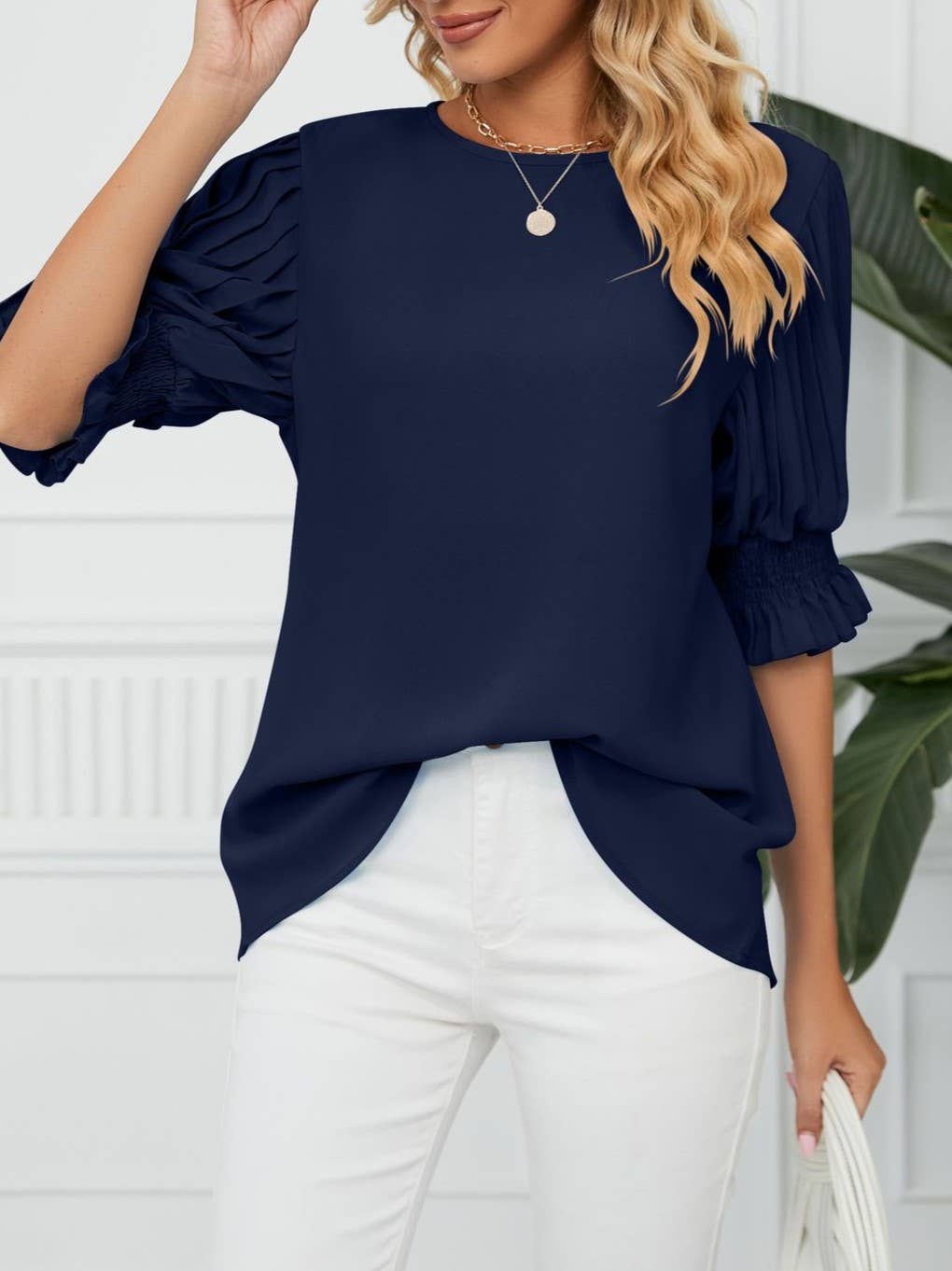 Crewneck Ruffled Sleeves Loose Chiffon T-Shirt Top