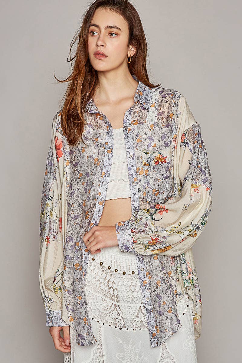 Oversize long sleeve print woven button down shirt