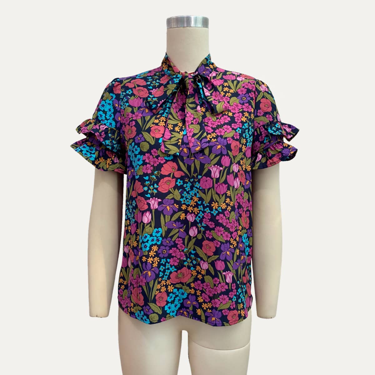 Lively Multicolor Floral Print Tying-Neck Short Sleeve Top