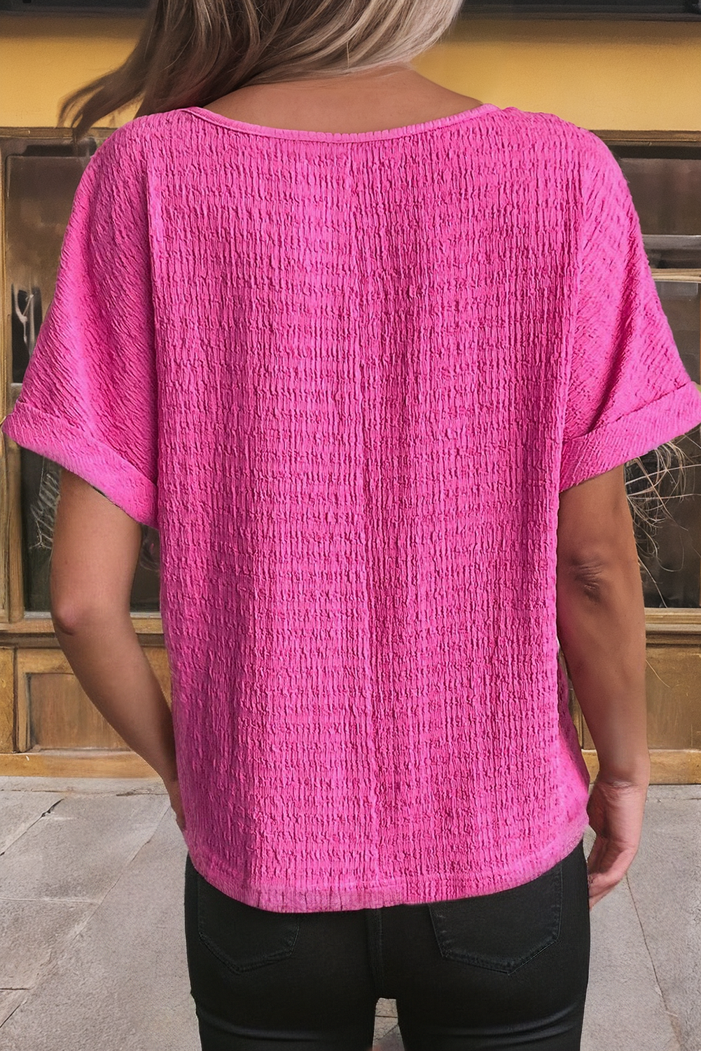 Pink Textured Rolled Short Sleeve V Neck Blouse