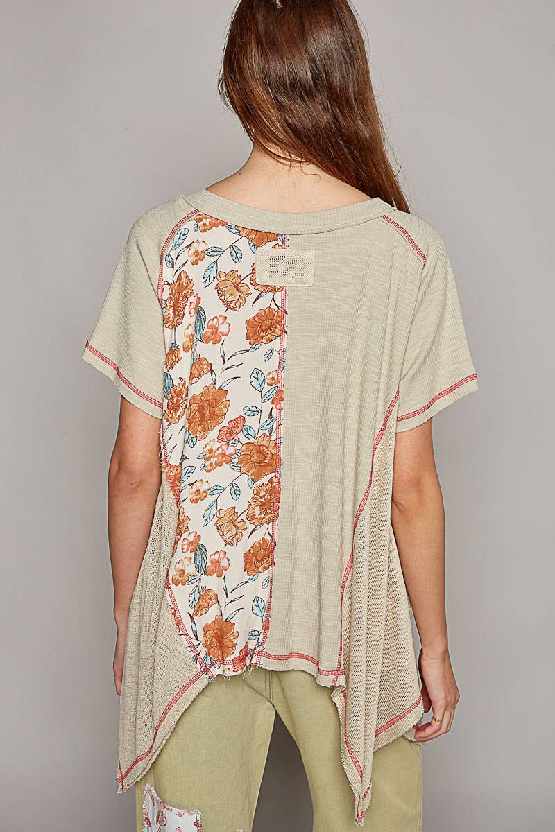 Oversize scoop neck short sleeve floral print solid knit top