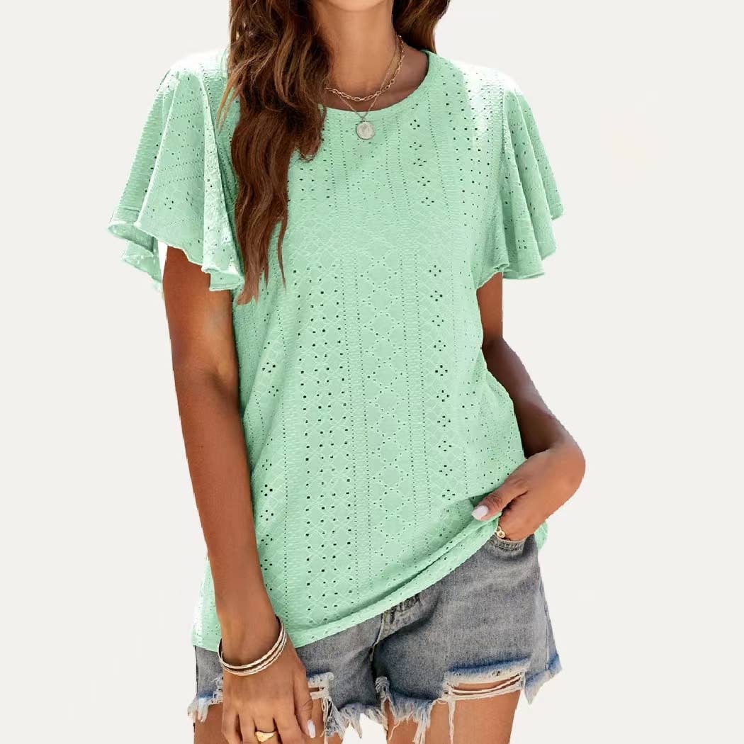 Pierced Eyelet Flutter Short Sleeve Top