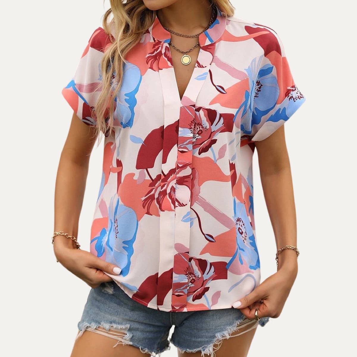 Always Trendy Multi-Color Printed V-Neck Short Sleeve Top