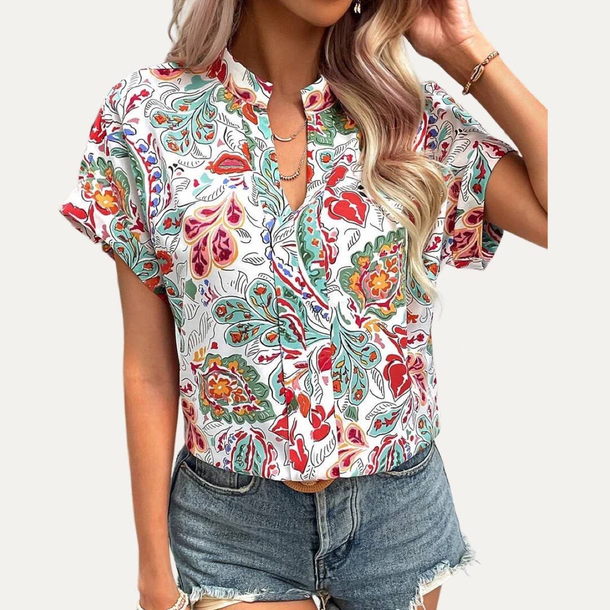 Always Trendy Multi-Color Printed V-Neck Short Sleeve Top