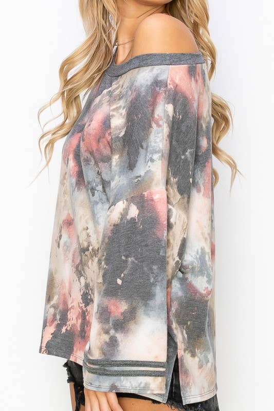 TIE DYE 3/4 BELL SLEEVE BOAT NECK TOP