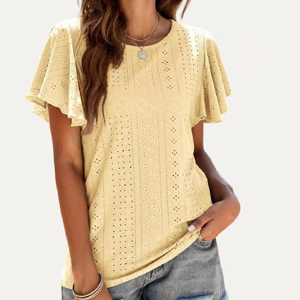 Pierced Eyelet Flutter Short Sleeve Top