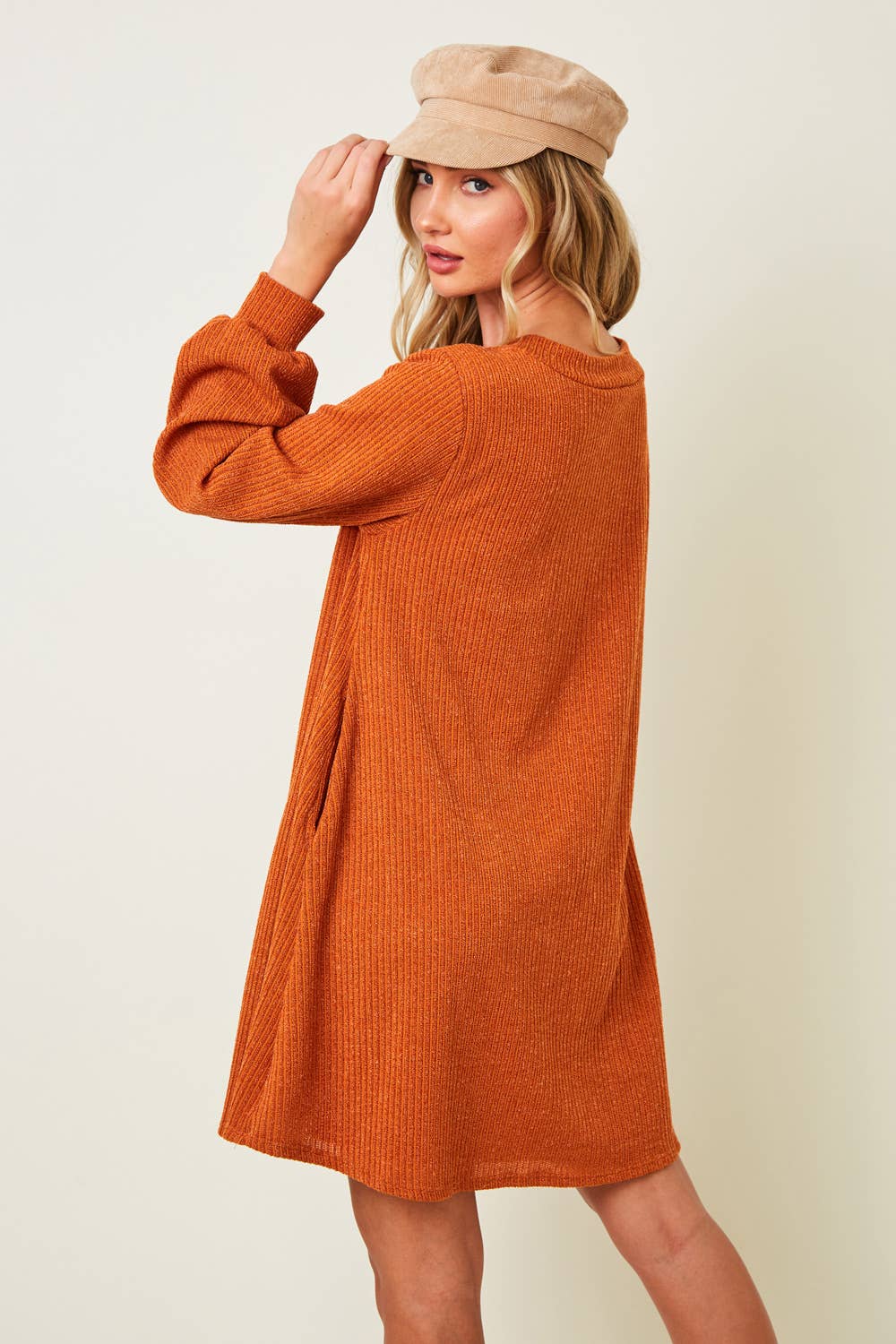 SD2109A RUST V-NECK RIB SWEATER DRESS - FALL TREND - SALE