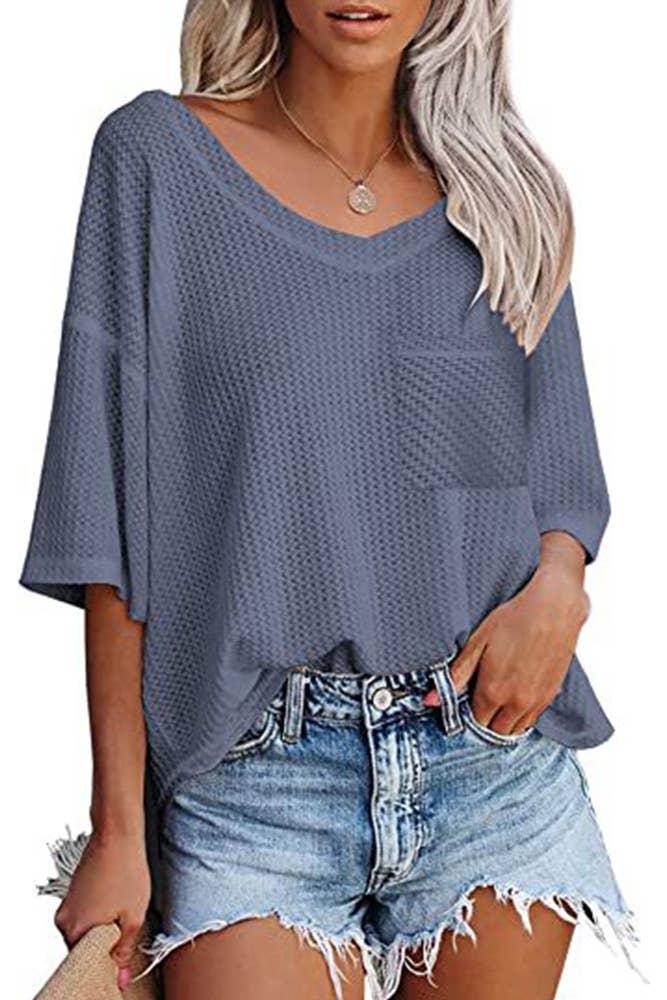 Plain Waffle Knit V Neck Pocket Oversize Top